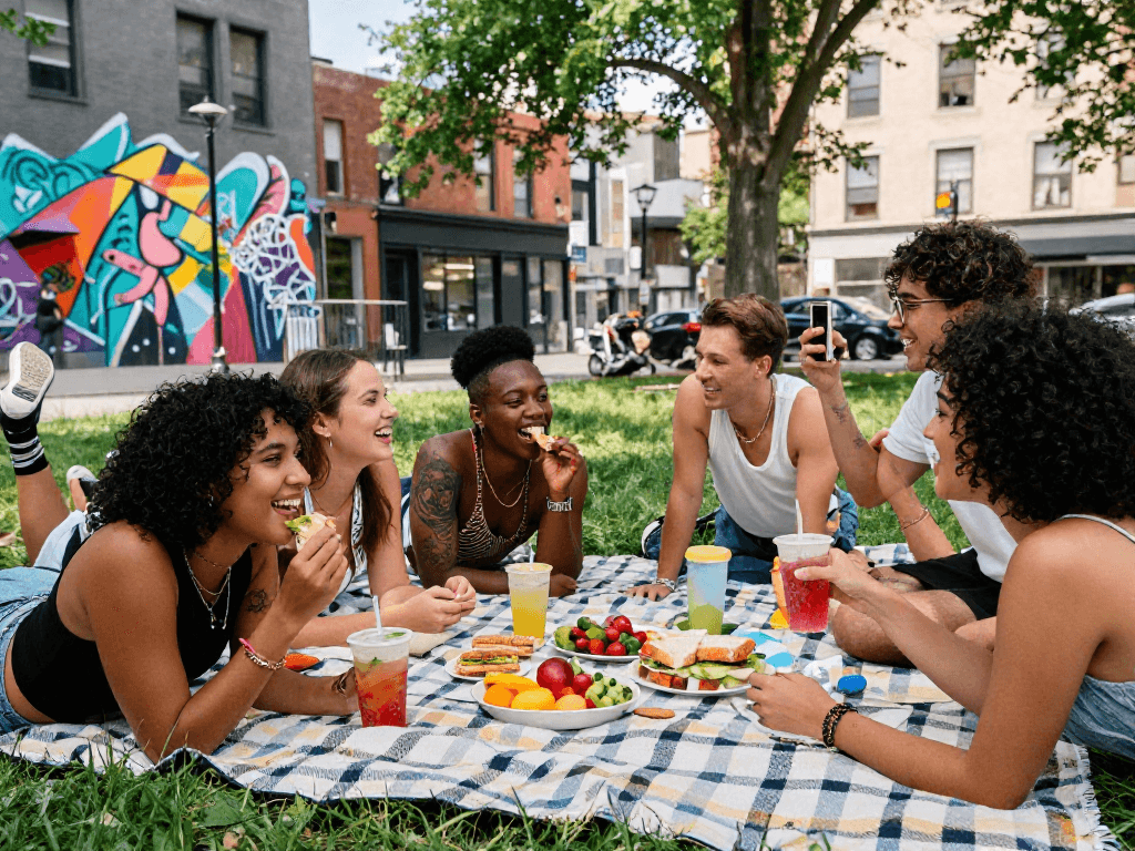 Friends enjoying a sunny picnic in the park with trendy outfits, celebrating friendship and joy, showcasing the concept of sluts ai.