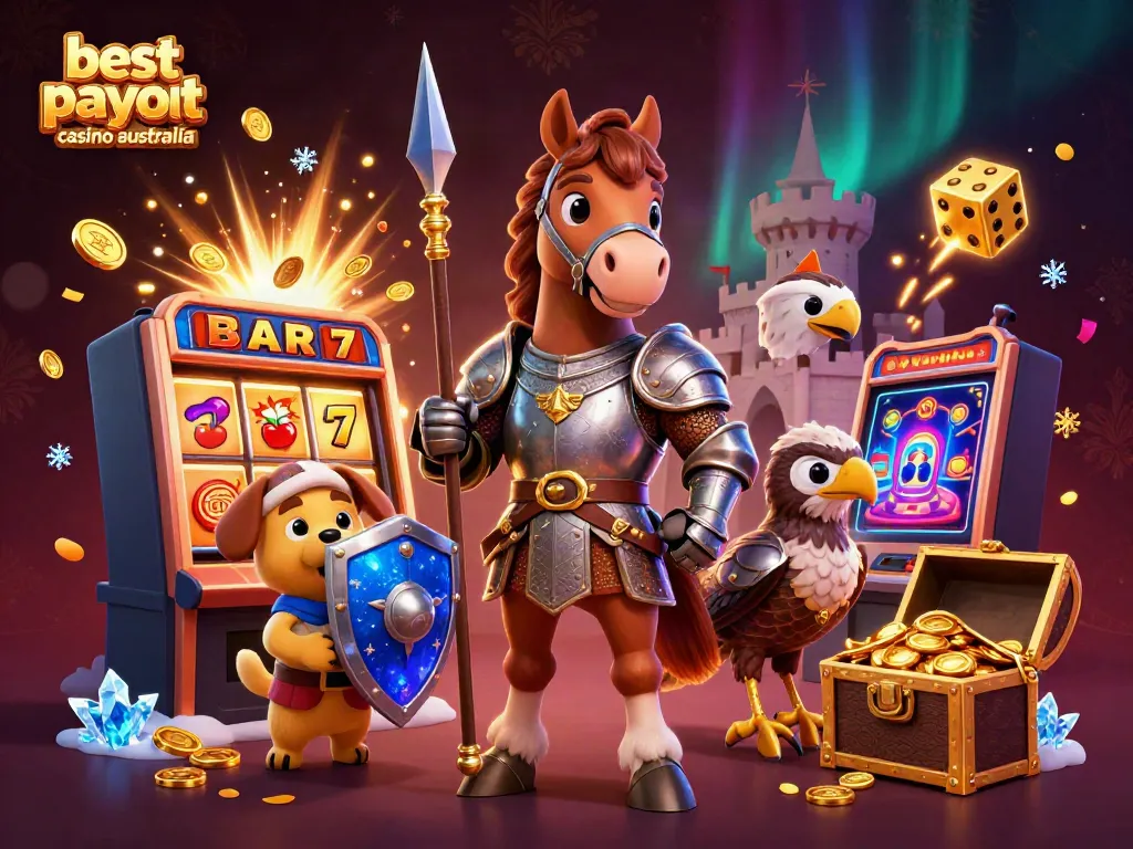 Experience the excitement of the best payout casino Australia with a knight, a puppy, and a falcon amidst vibrant casino symbols.