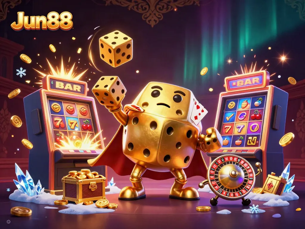 Experience winning at Jun88 with a vibrant casino scene featuring golden dice and exciting game elements.