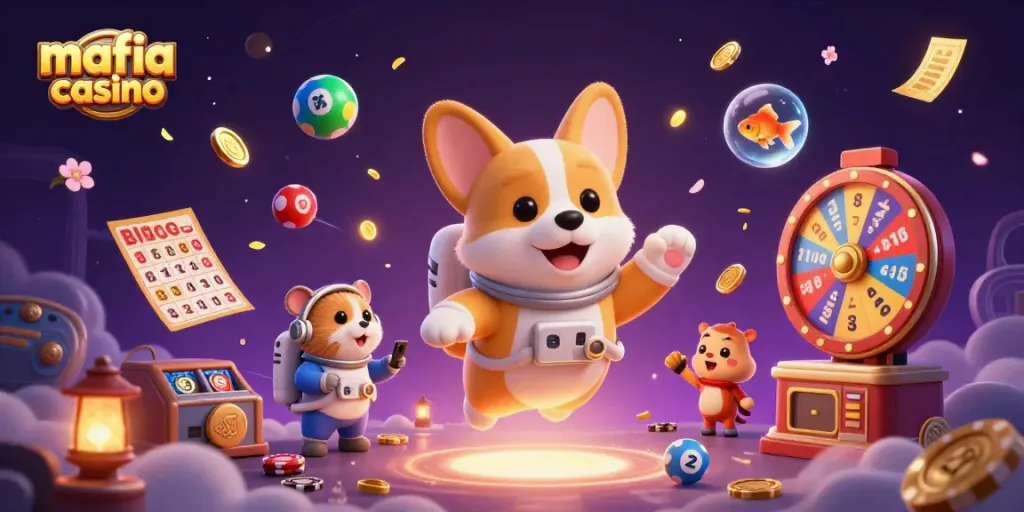 Experience the excitement of mafia casino with a thrilling illustration of a floating 3D astronaut corgi, poker chips, and vivid lottery elements.