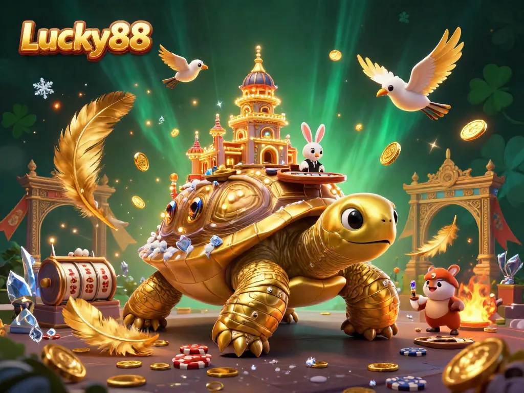 Win big at Lucky88 with a golden tortoise casino theme, vibrant 3D illustration showcasing excitement.