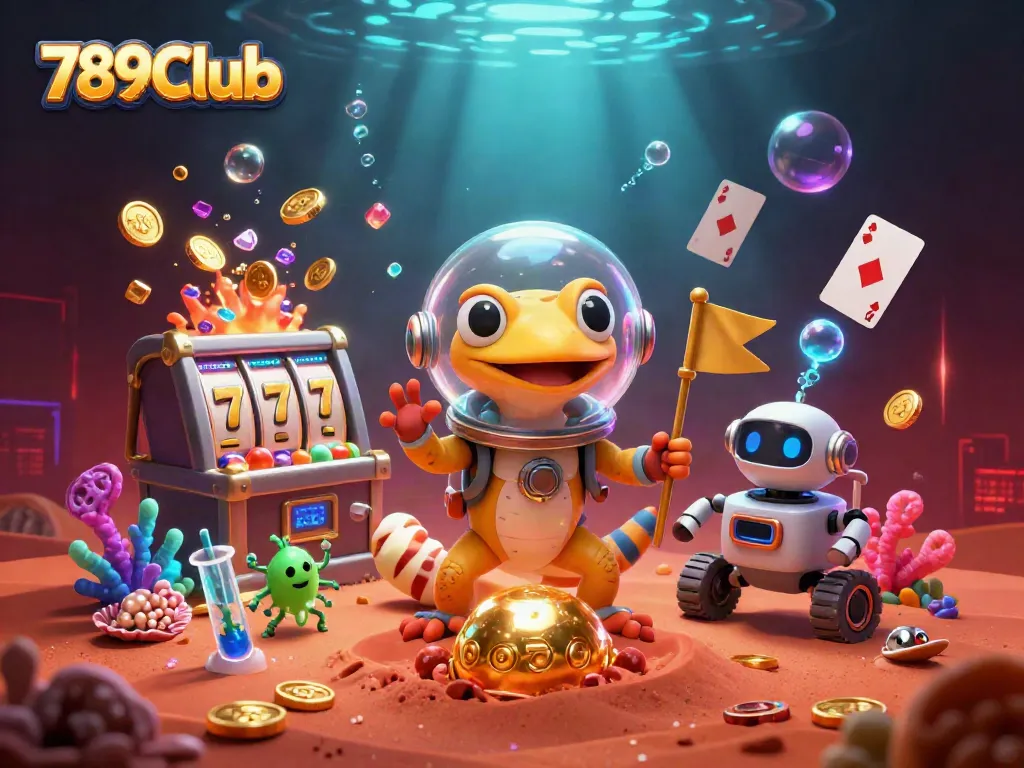 Experience vibrant gambling at 789Club with a Martian gecko discovering a golden casino.