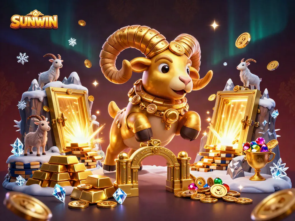 Experience the thrilling SUNWIN adventure with golden ram and treasures bursting from a vault.