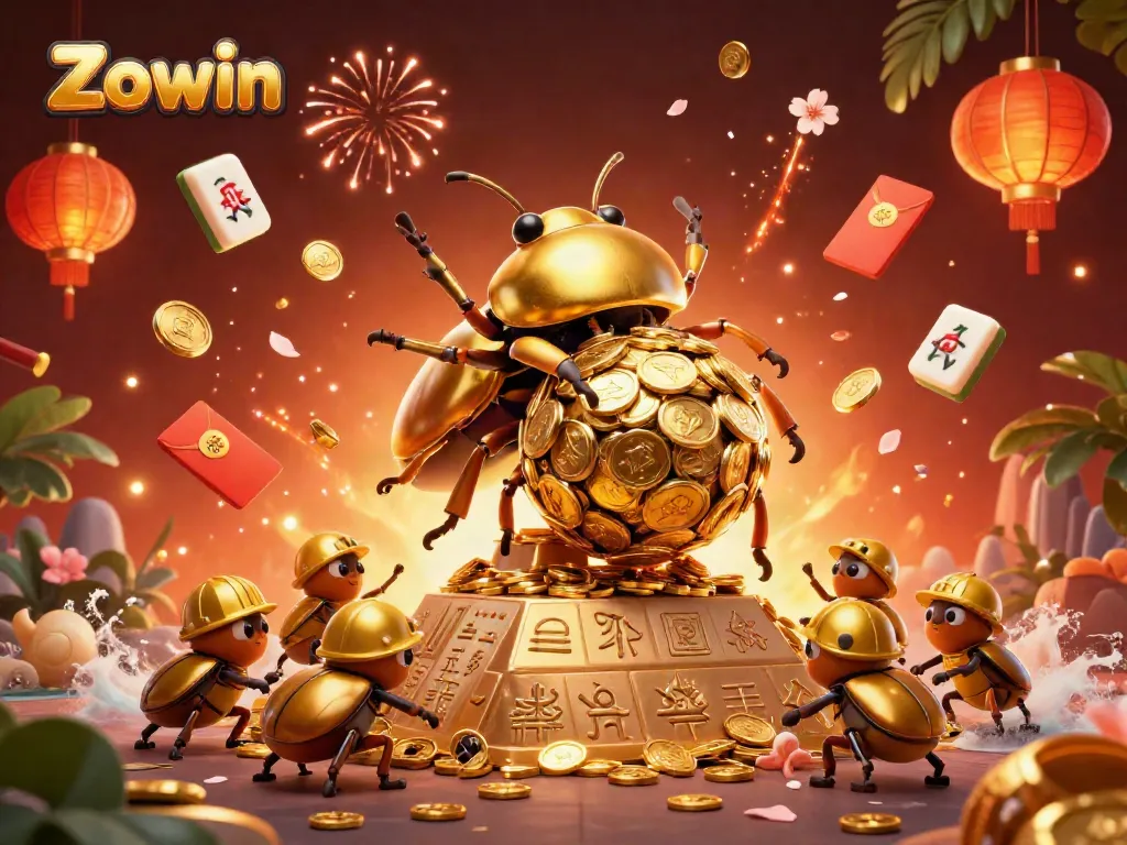 Experience thrilling gaming at Zowin with vibrant cartoon beetles and glowing casino symbols.