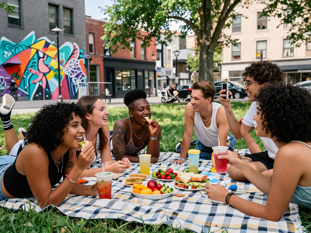 Friends enjoying a sunny picnic in the park with trendy outfits, celebrating friendship and joy, showcasing the concept of sluts ai.