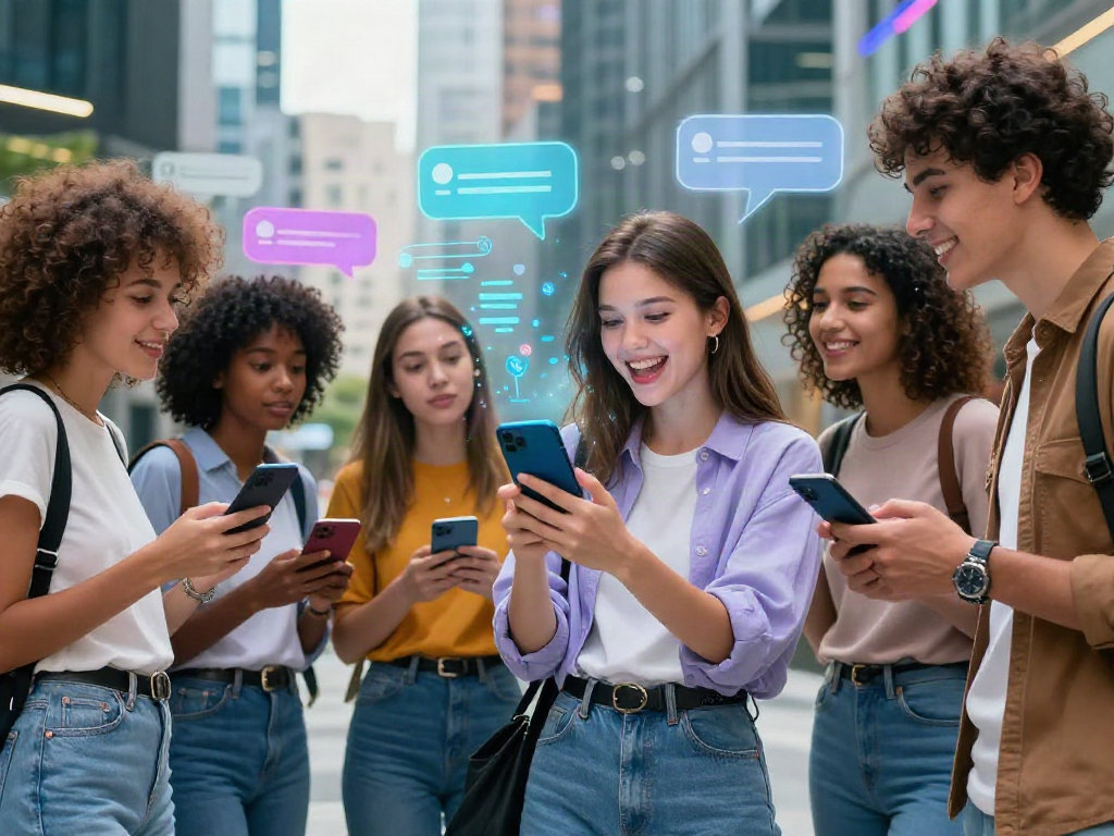 Engaging scene of friends exploring the ai gf app in a futuristic urban environment, showcasing digital interaction.