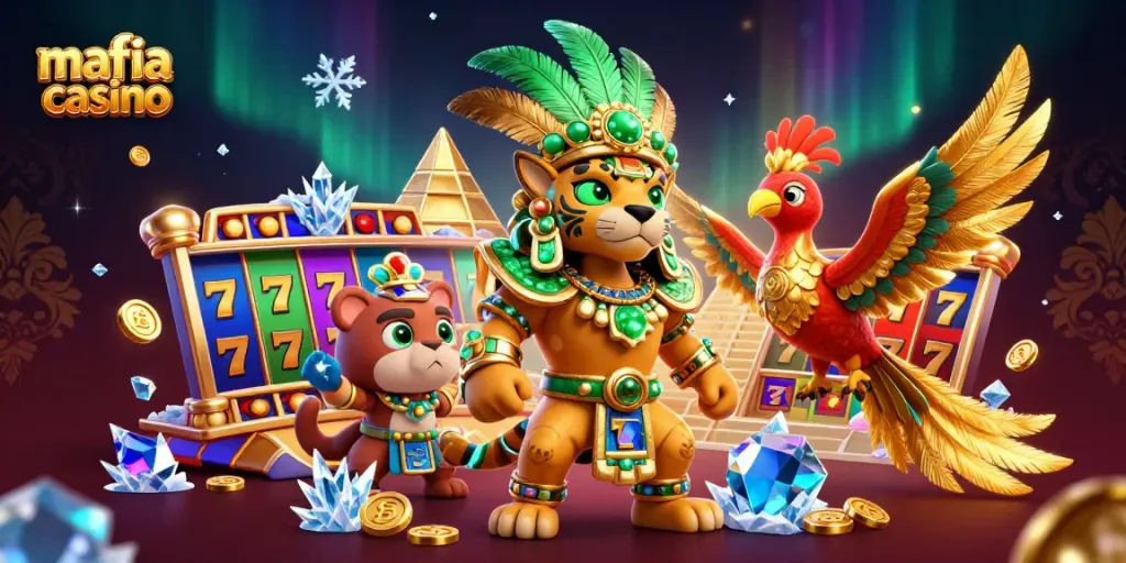 Experience the excitement of mafia casino with vibrant slot reels and a dynamic Mayan priest scene.