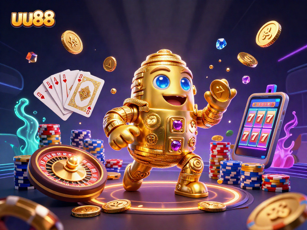 Spin and win with uu88's vibrant 3D casino illustration showcasing golden golems and lively game elements.
