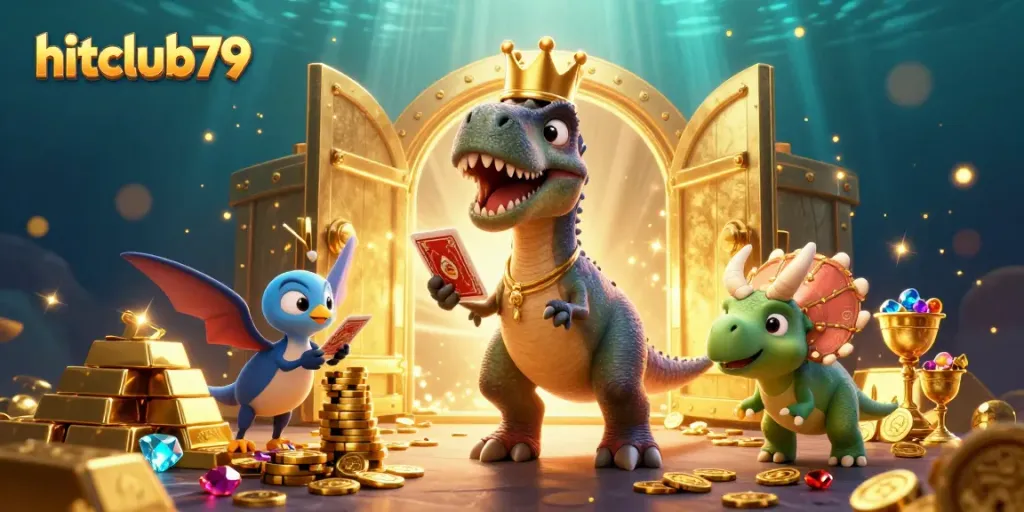 Join the fun at hitclub79 with friendly dinosaur characters shuffling cards and stacking chips in a vibrant casino scene.