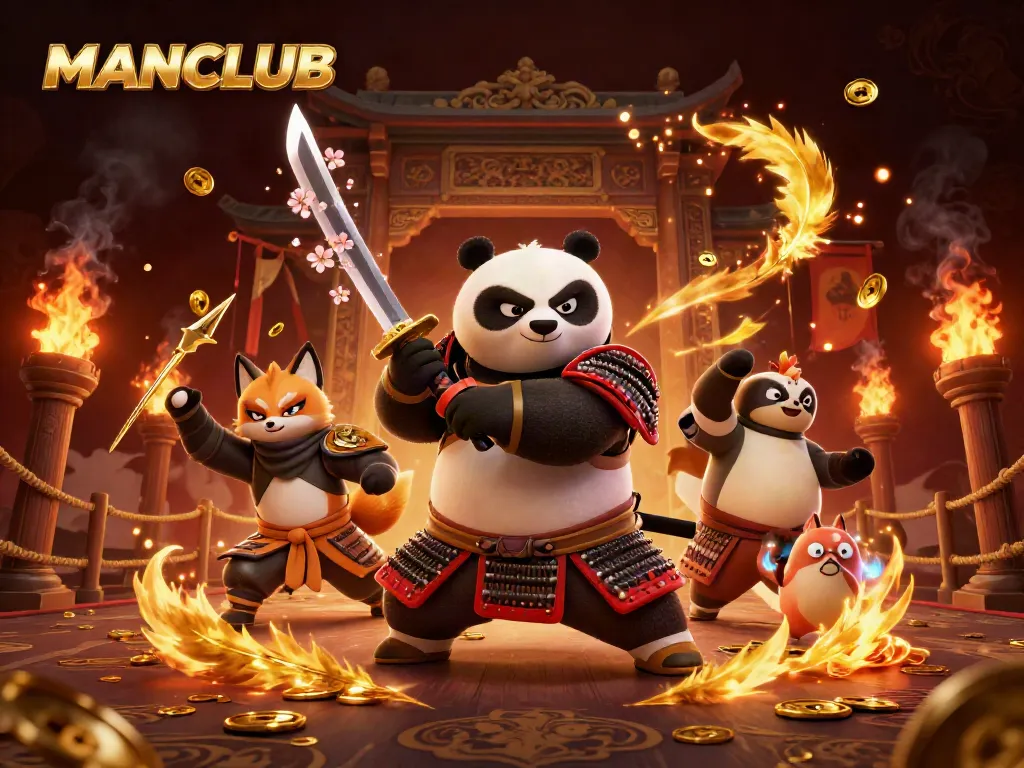 Engage with MANCLUB through an epic 3D digital battle scene featuring samurai and ninja elements.