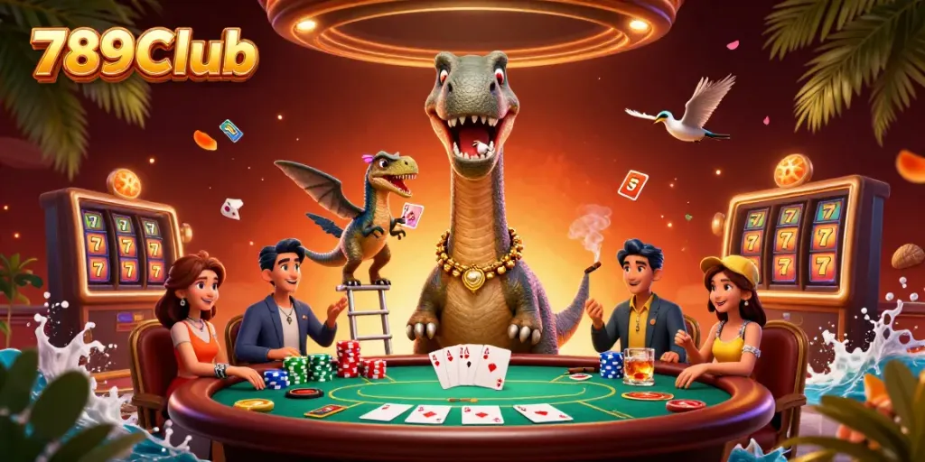 Engaging scene depicting a 789Club themed 3D casino with a dinosaur dealing cards and vibrant gaming elements.