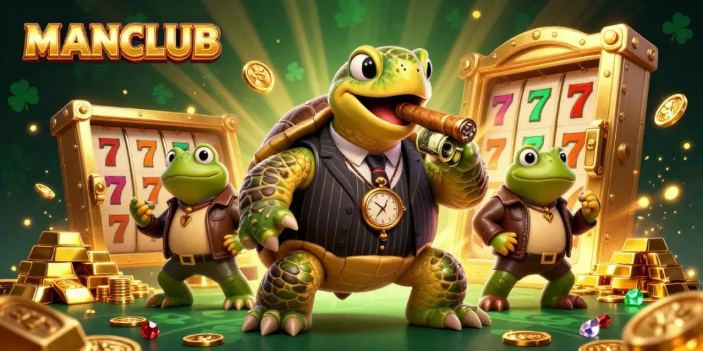 Experience the excitement of MANCLUB with a massive snapping turtle and bullfrogs celebrating casino wins.
