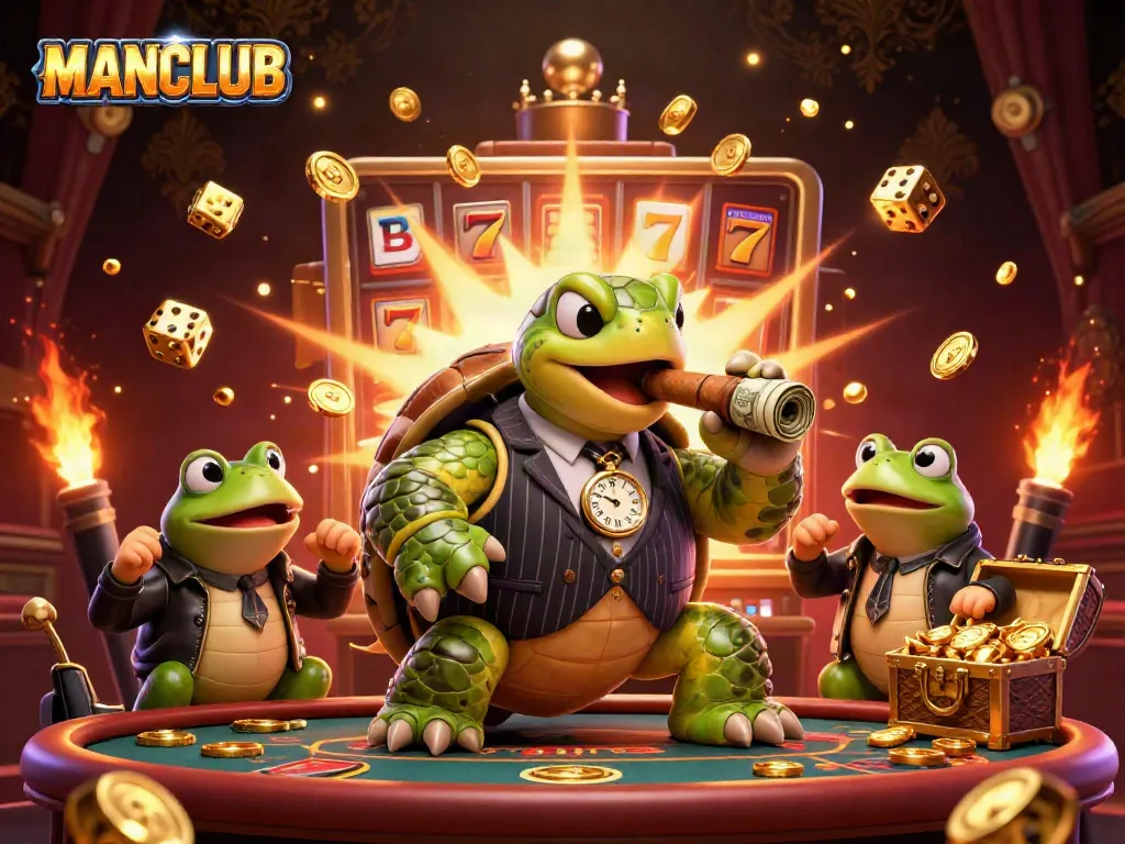 Experience the thrilling MANCLUB casino scene with a snapping turtle and bullfrog dealers amidst a jackpot explosion.