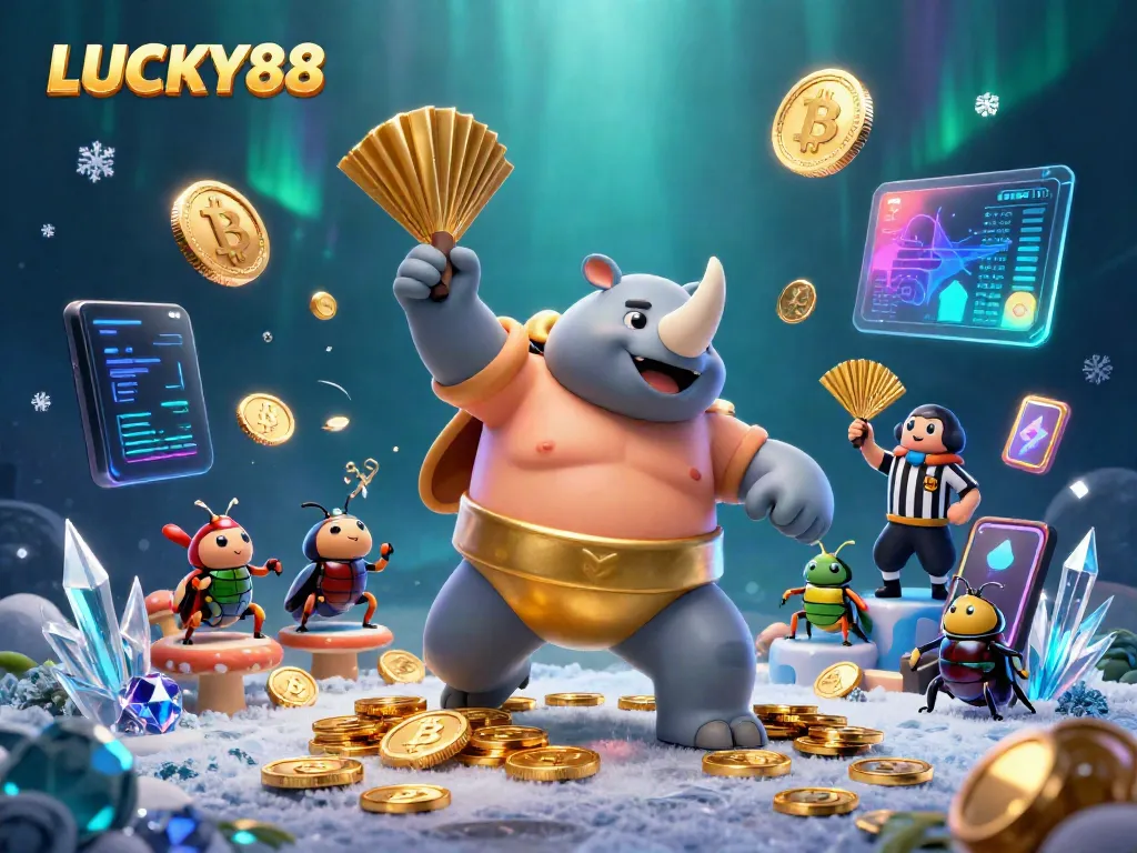 Experience LUCKY88 action with vibrant 3D beetles, coins flying, and neon crypto elements in this engaging casino scene.