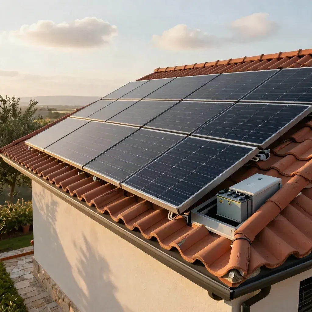 Impianto solare su villa con pannelli, inverter e batteria sotto gronda, luce mattutina calda.