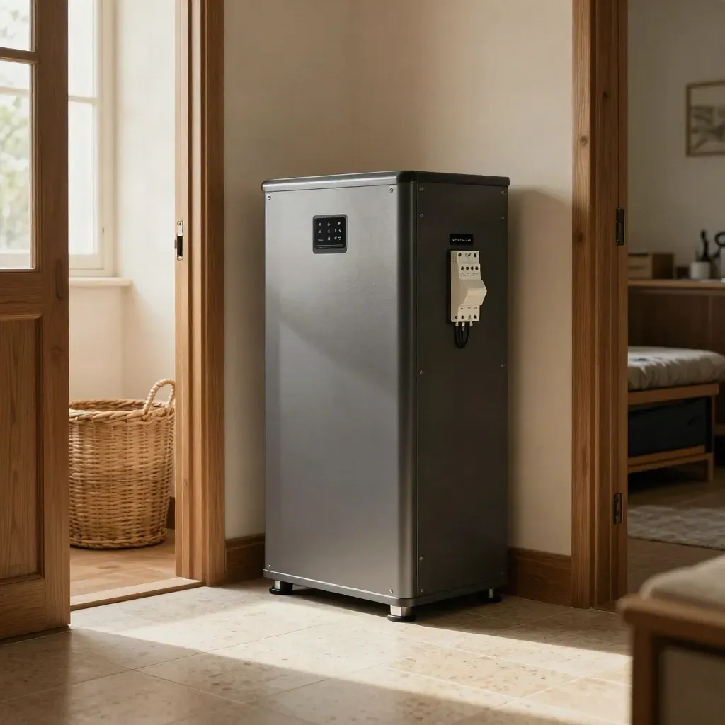 Battery di accumulo e inverter in una lavanderia tecnica luminosa, con piastrelle travertino.