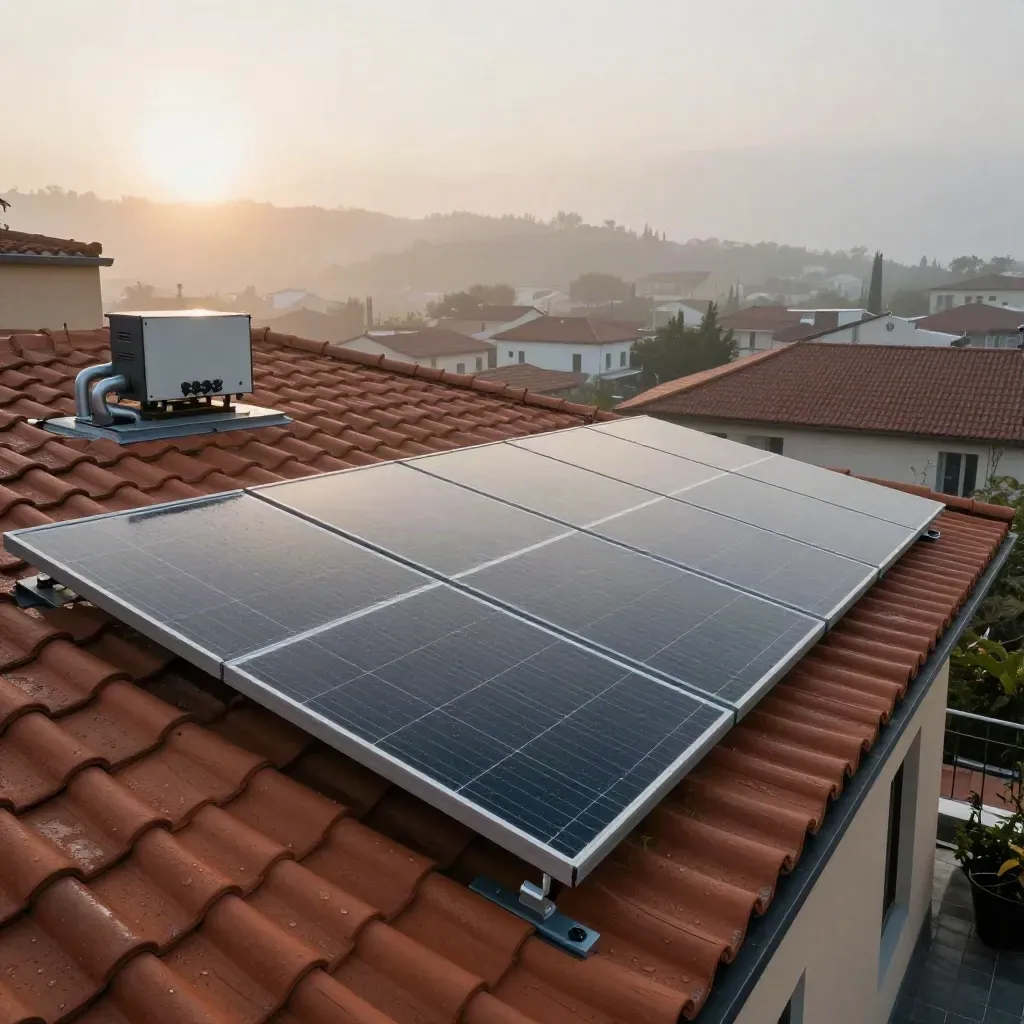 Impianto fotovoltaico su villa in terracotta all’alba, con inverter e batterie tra la bruma.