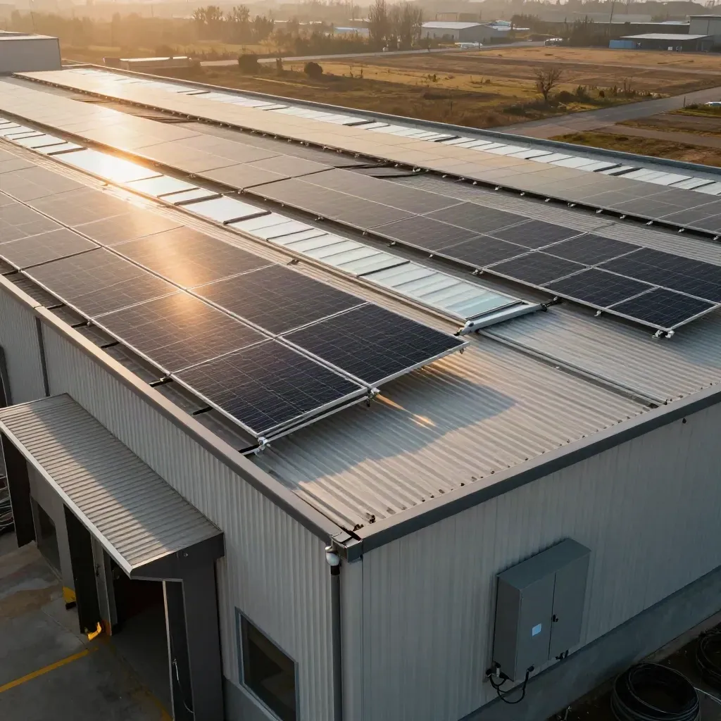 Tetto industriale con pannelli solari, inverter esterno e canaline, luce calda del pomeriggio.