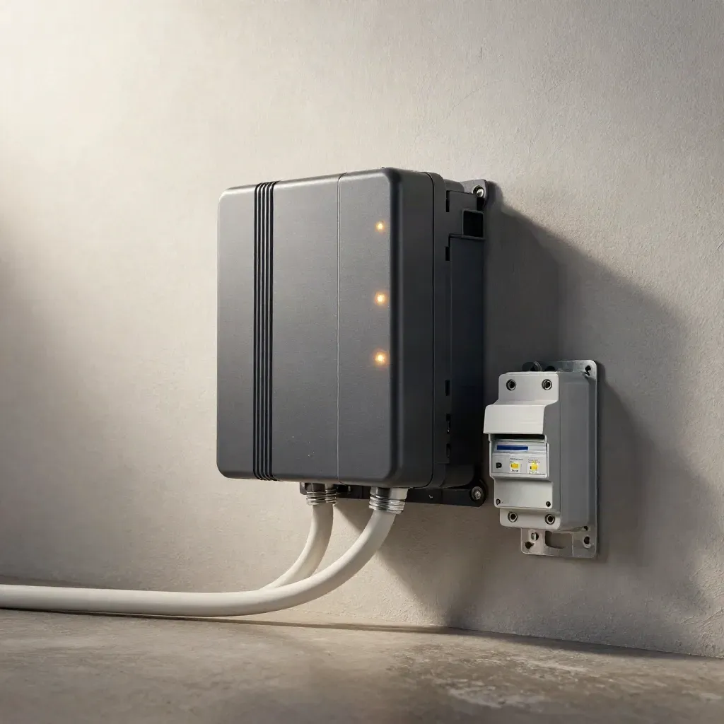 Inverter nuovo acceso accanto al vecchio supporto, con cavi ordinati e luci di stato ambra.