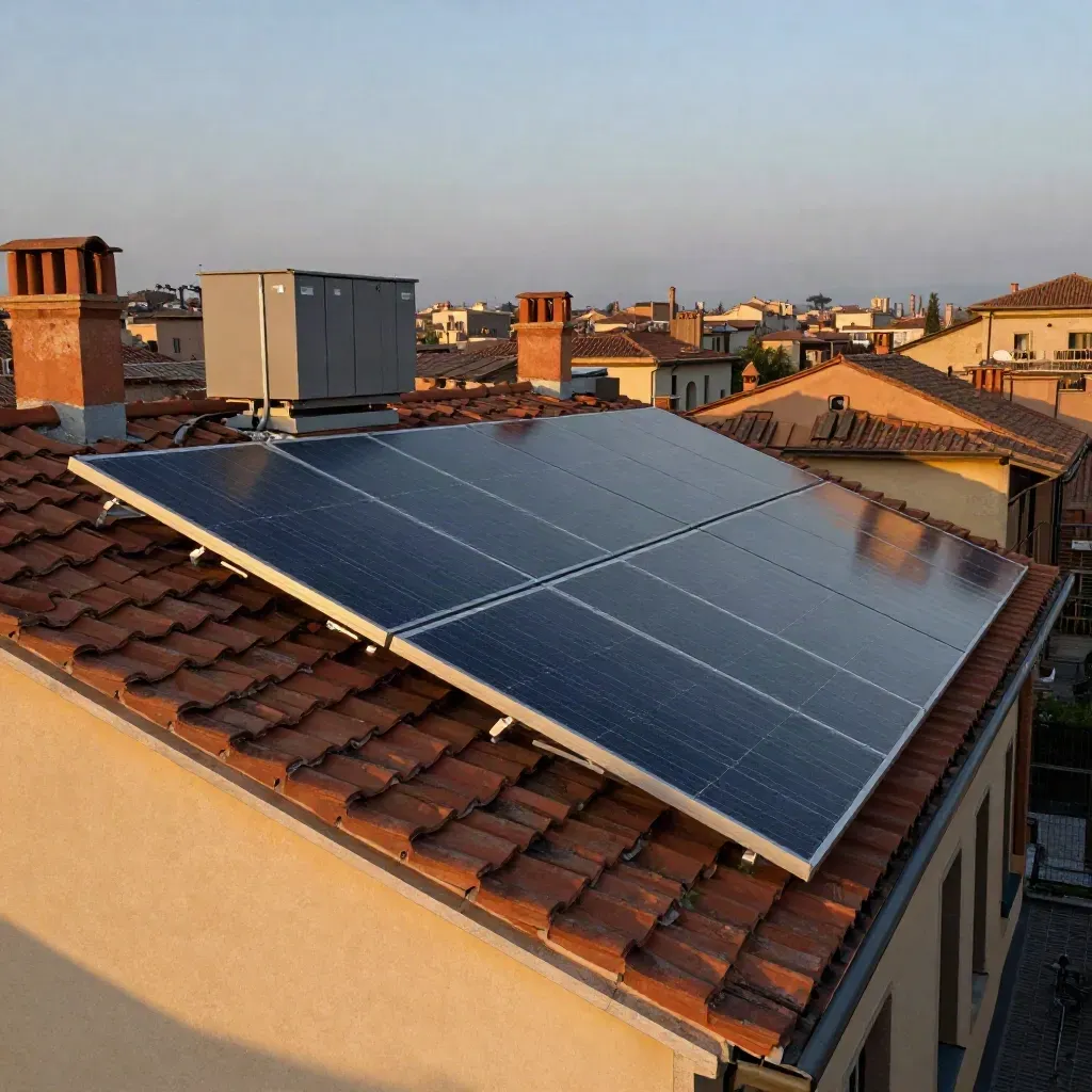 Tetto fotovoltaico completo a Bologna al tramonto, con inverter e batteria.