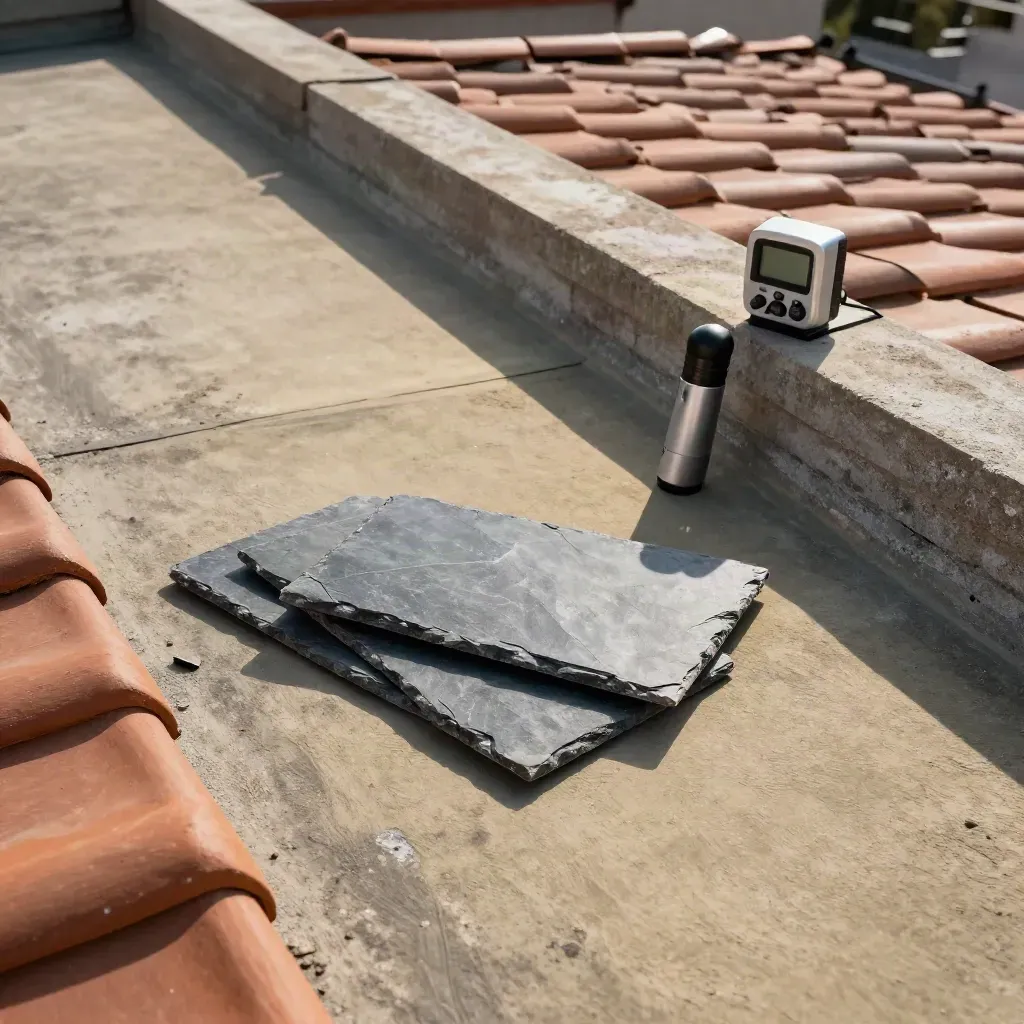 Kit di audit energetico su tetto, con coppi, torcia e mini stazione meteo in luce estiva