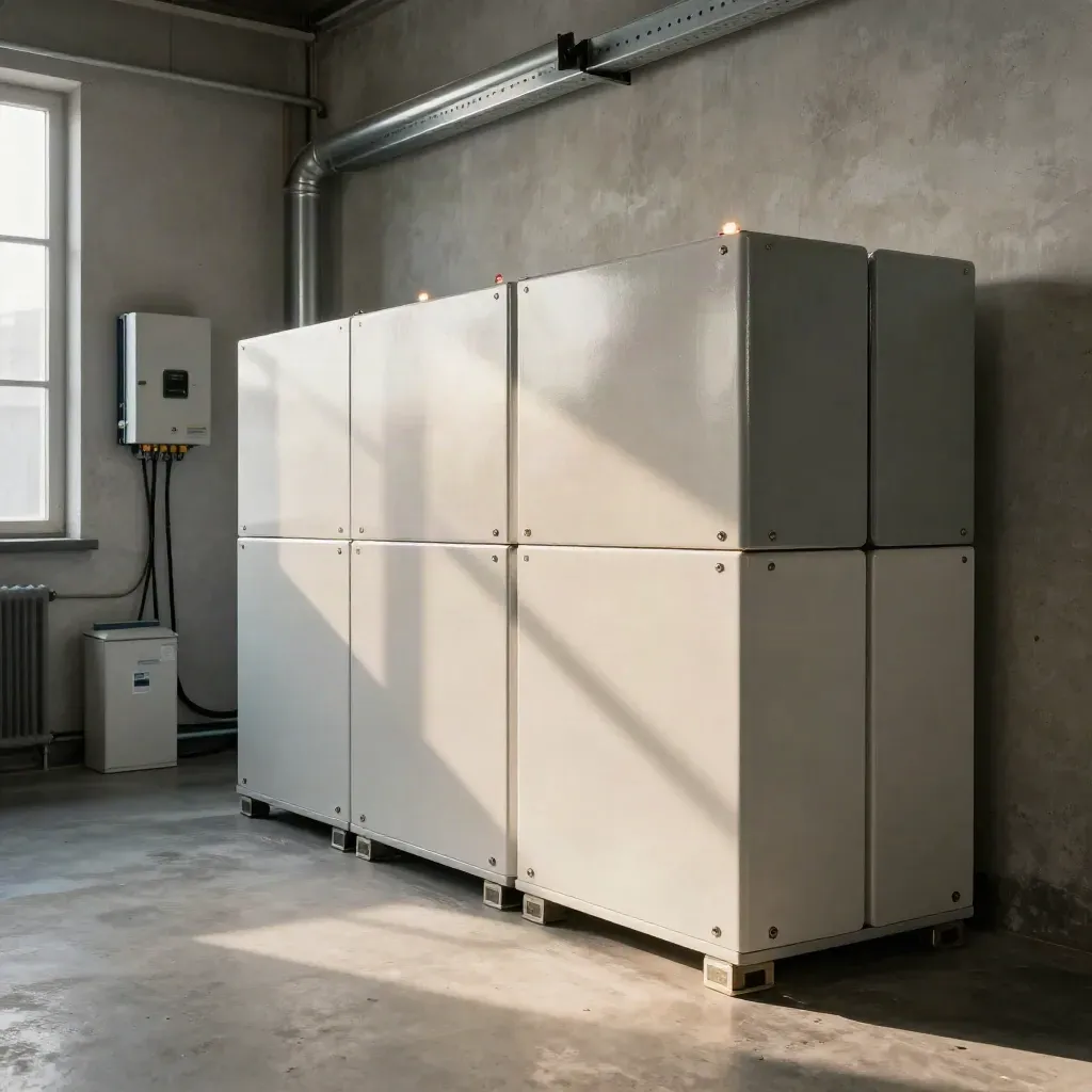 Sala batterie in magazzino a Verona, moduli impilati e inverter in standby al tramonto.