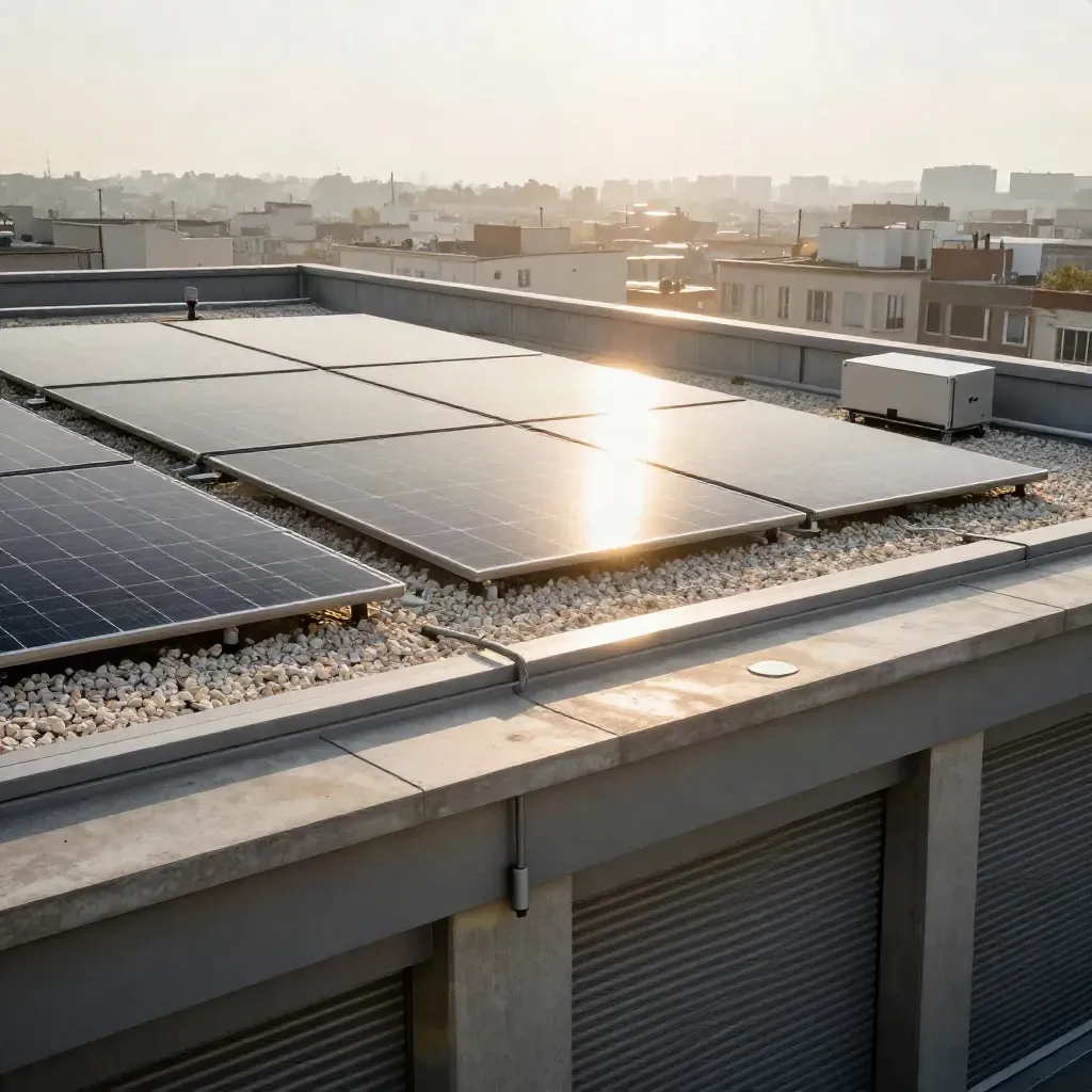 Tetto milanese con pannelli solari, inverter e serrande chiuse, nella luce del mattino.