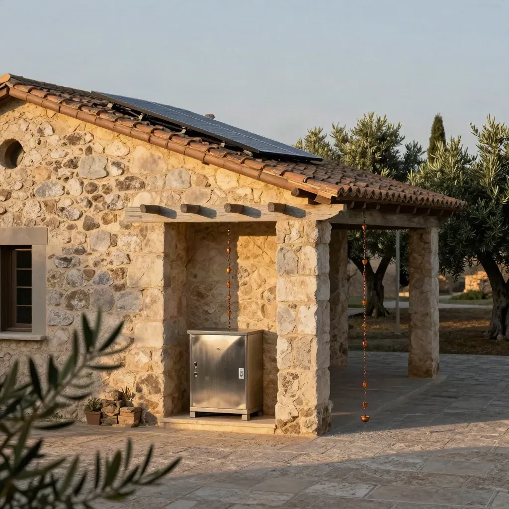 Agriturismo toscano al tramonto con pannelli solari, batteria e ulivi in controluce