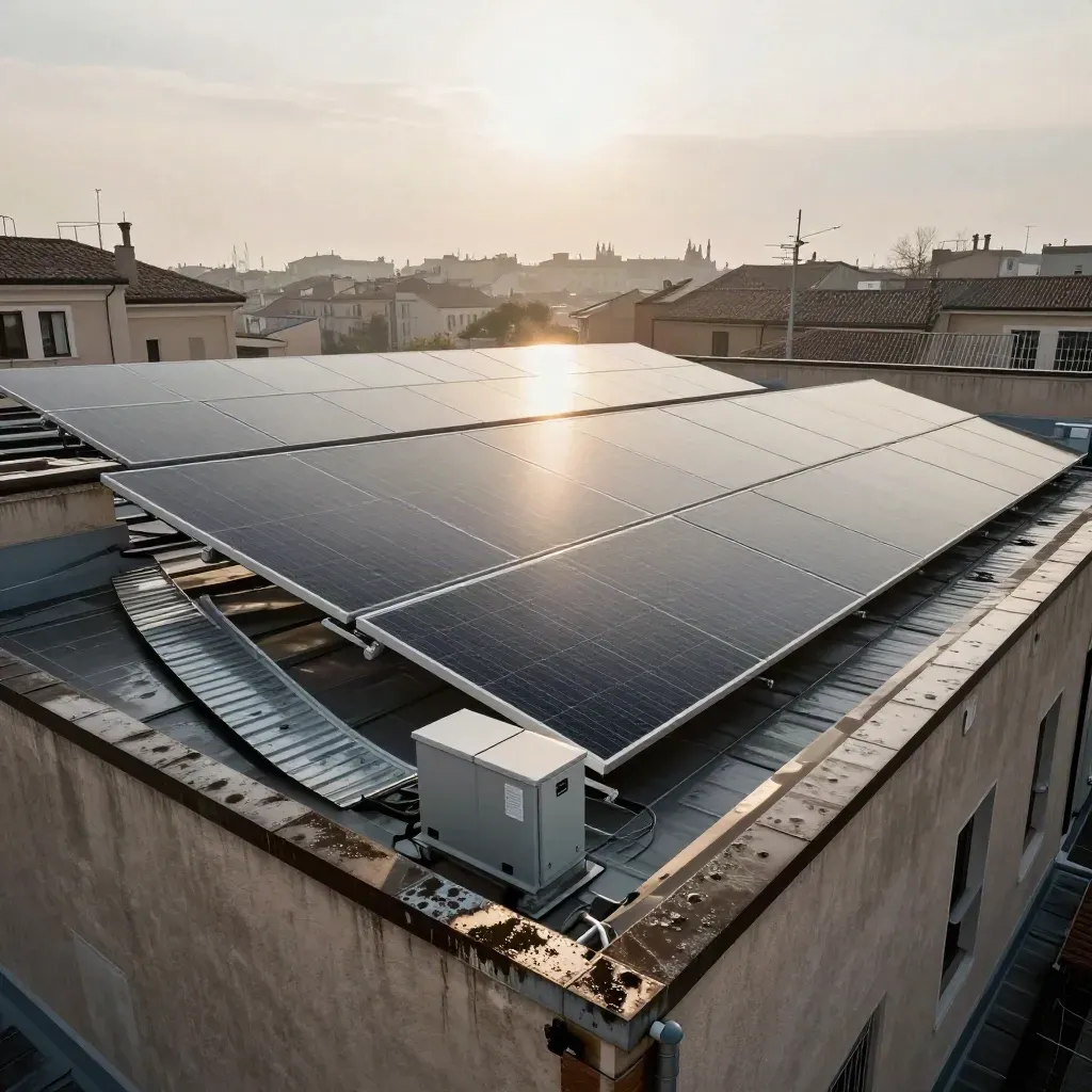 Tetto condominiale a Padova con pannelli puliti e inverter, sotto cielo velato.