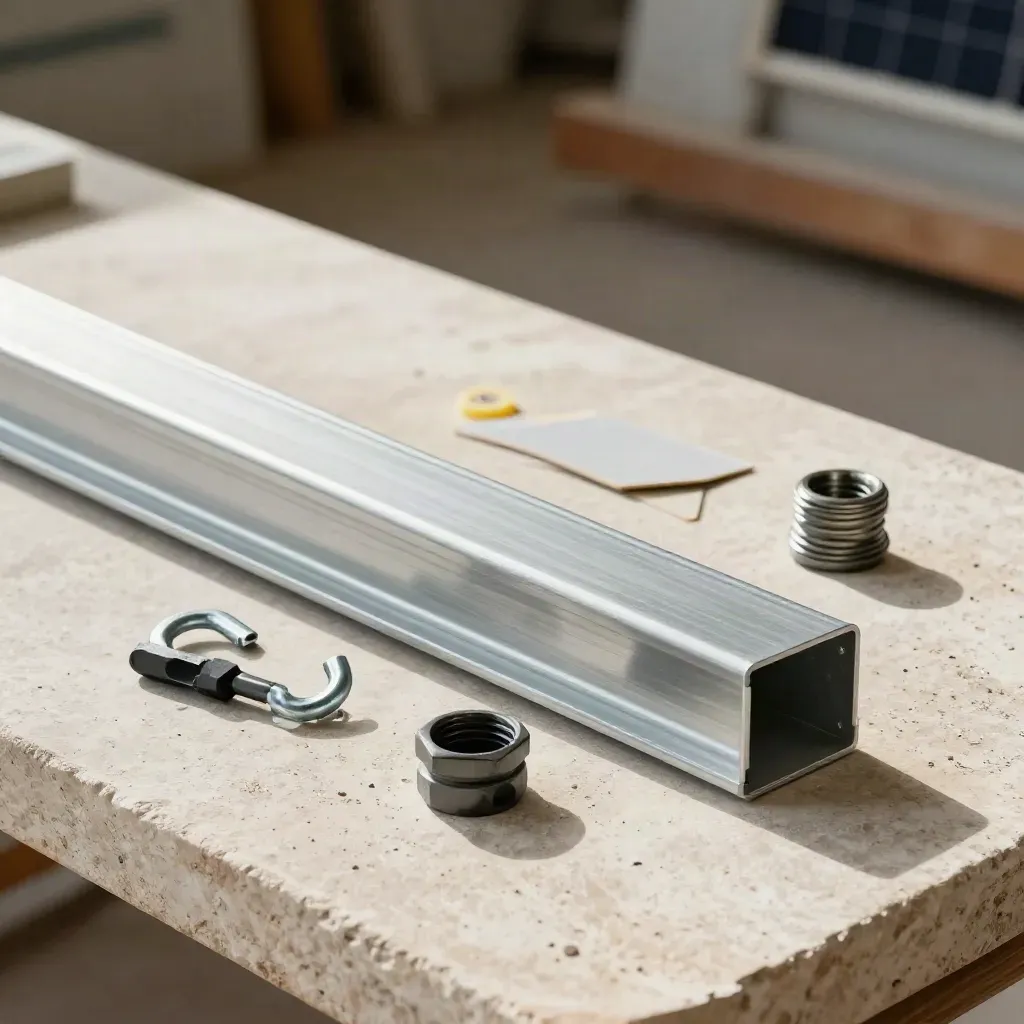 Componenti per installazione fotovoltaica su banco chiaro con luce morbida laterale.