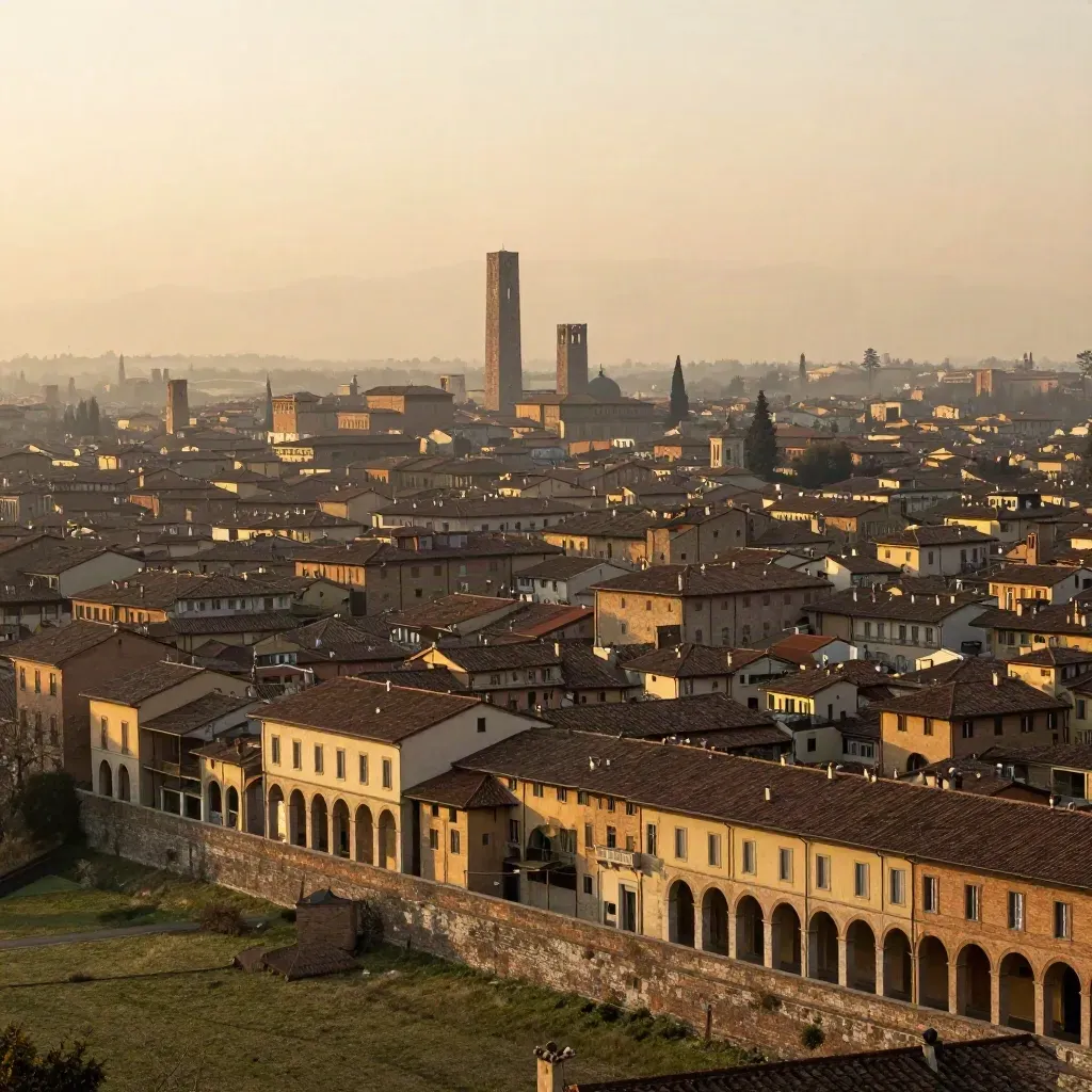 Panorama di Bologna al tramonto con tetti di terracotta e Due Torri nella foschia