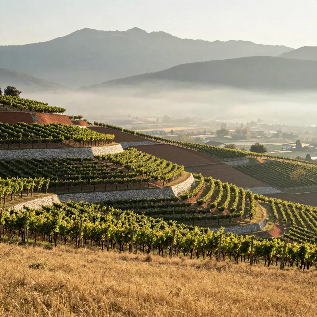 Vigneti del Piemonte con Torino lontana e Alpi velate dalla foschia al tramonto