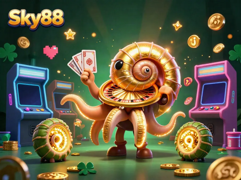 Sky88 showcases a vibrant casino scene featuring a giant nautilus roulette wheel, colorful arcade elements, and energetic gaming atmosphere.