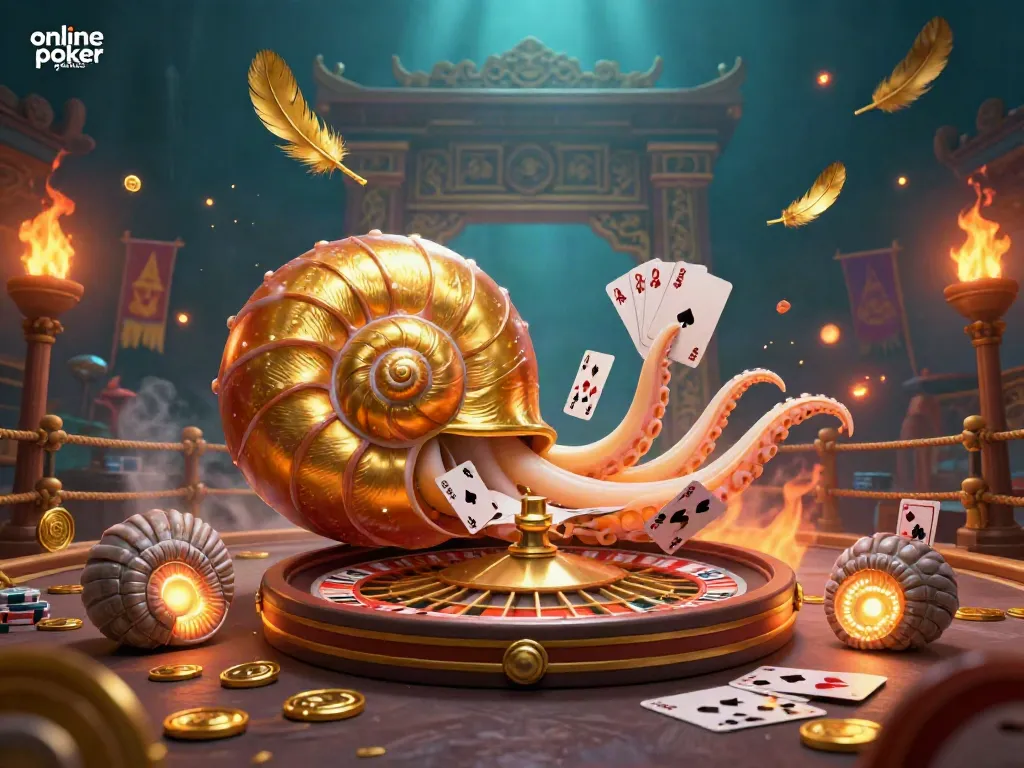 Experience the excitement of online poker games with a vibrant 3D illustration showcasing a giant nautilus holding cards.