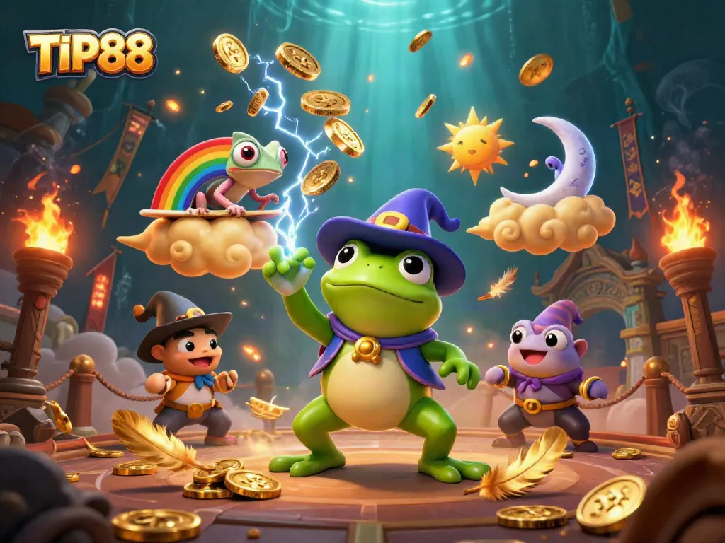 Experience the thrill of TIP88 with a vibrant illustration showcasing a weather wizard frog amidst a storm of coins.