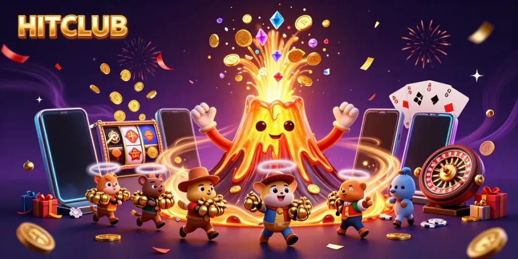 Experience exciting gameplay at HITCLUB with treasures, vibrant casino elements, and a jubilant volcano.
