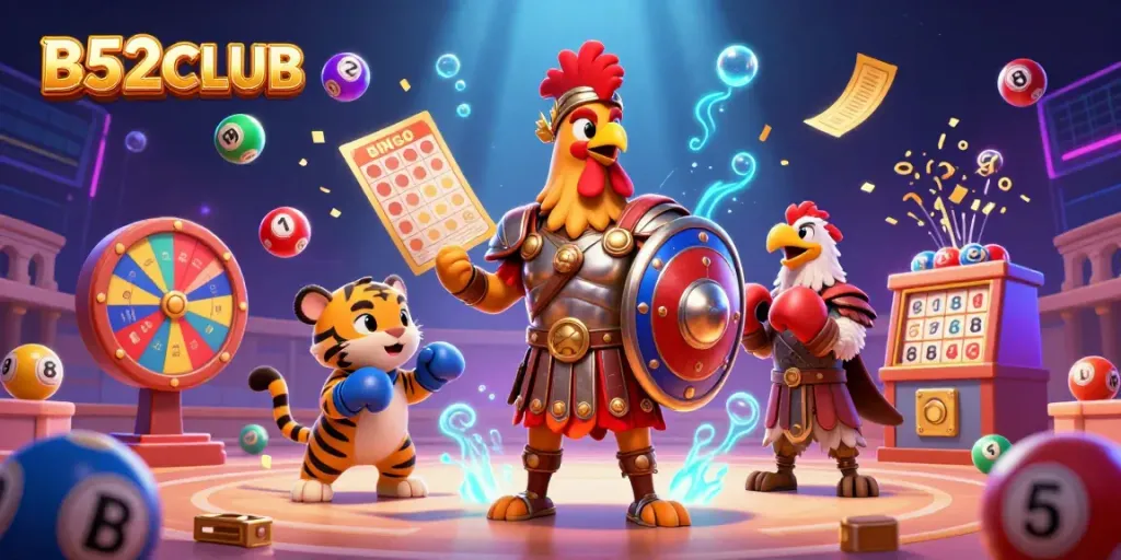 B52CLUB showcases a vibrant casino scene with a gladiator rooster and dynamic game elements.