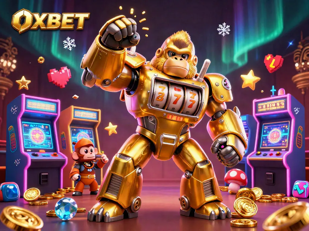 Experience thrilling gameplay at OXBET with an epic golden gorilla mech surrounded by vibrant game elements.