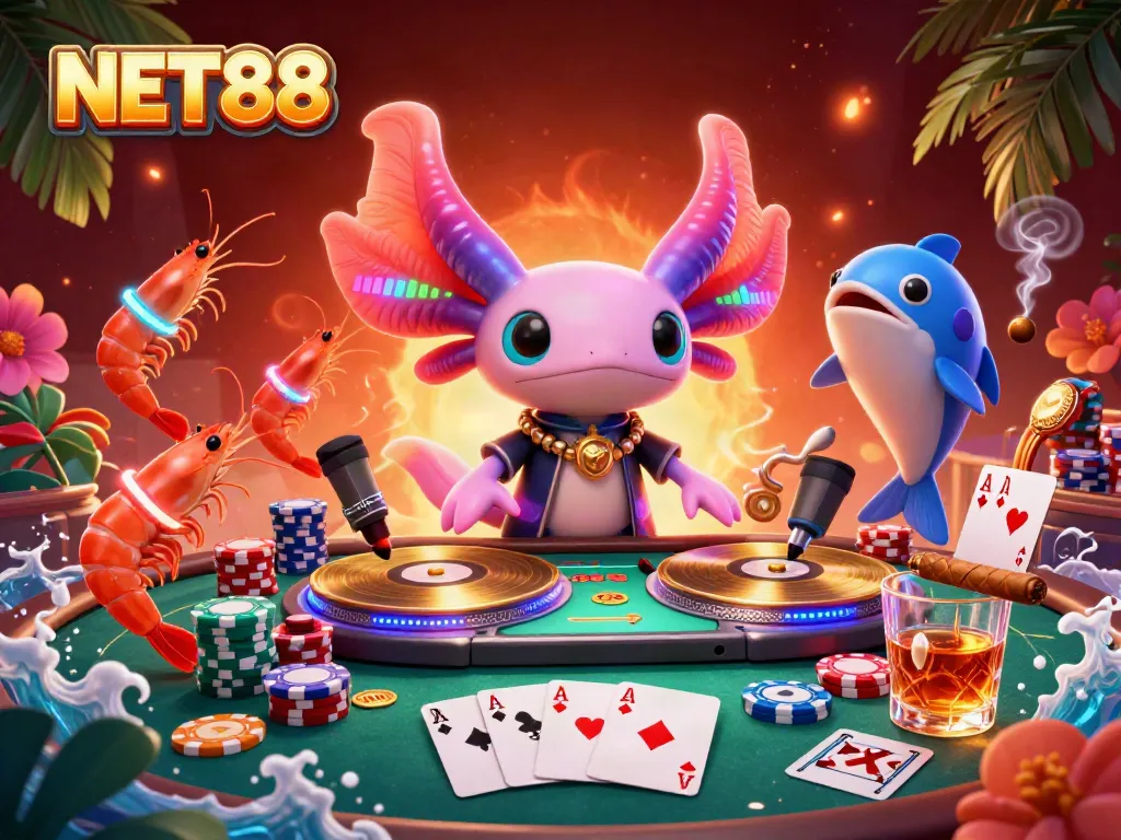 Experience the vibrant underwater entertainment of NET88 with a neon axolotl DJ, poker elements, and colorful sea creatures.