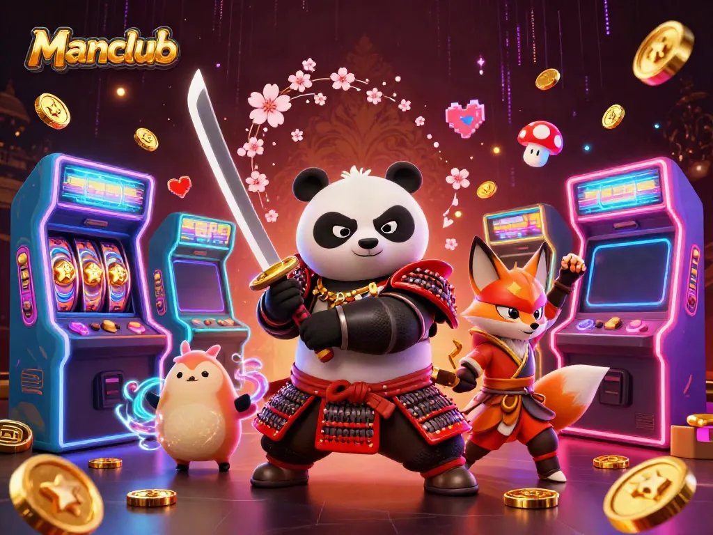 Manclub features a dynamic 3D scene with a panda samurai, ninja fox, and spirit tanuki, embodying casino excitement.