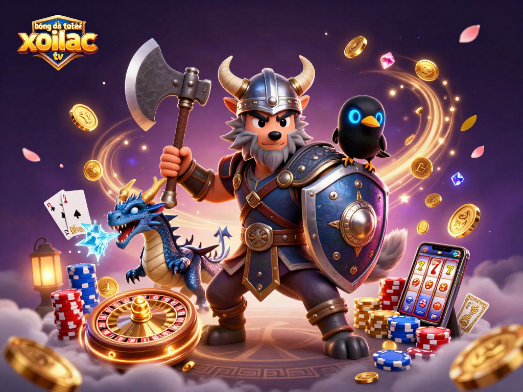 Engage in bóng đá trực tuyến xoilac tv, with a heroic Viking wolf warrior in a dynamic casino scene.