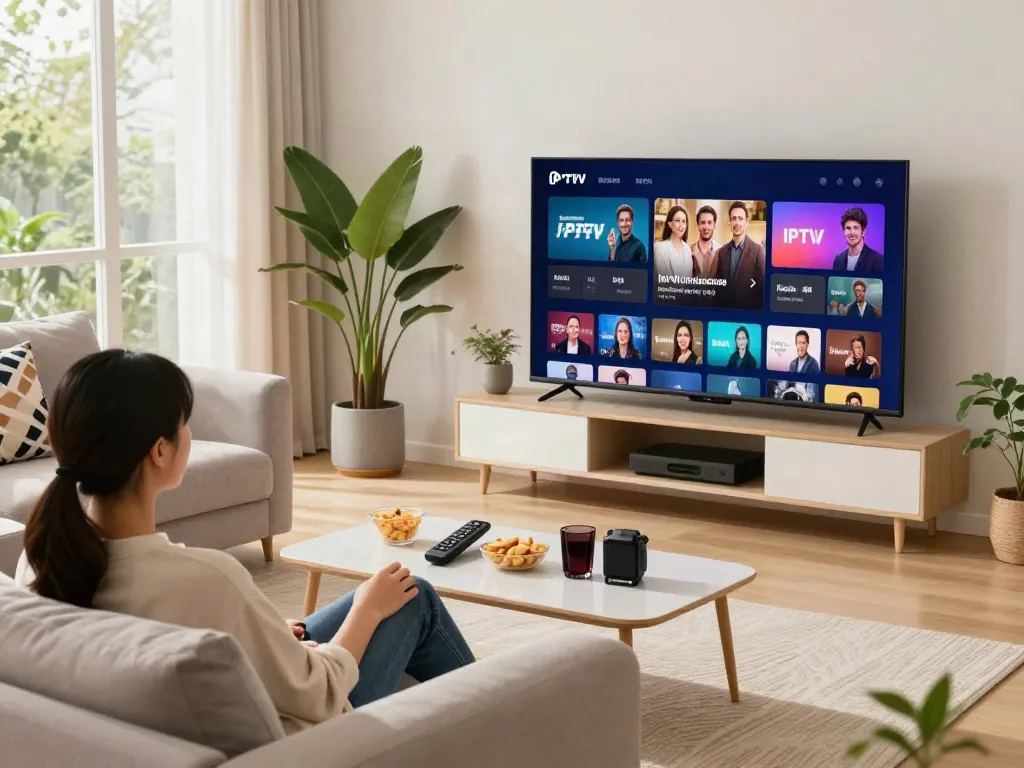 Enjoying abbonamento iptv in a cozy living room with smart TV.