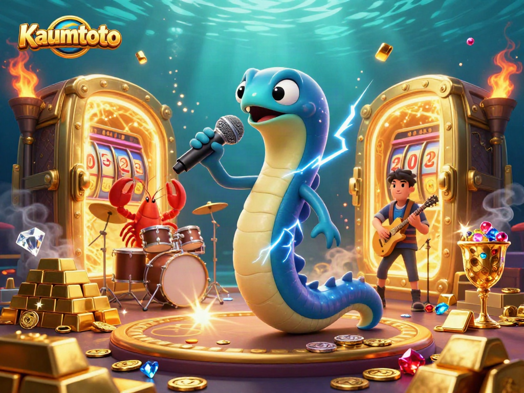 Engage with Kaumtoto’s vibrant underwater casino scene featuring an electric eel DJ.