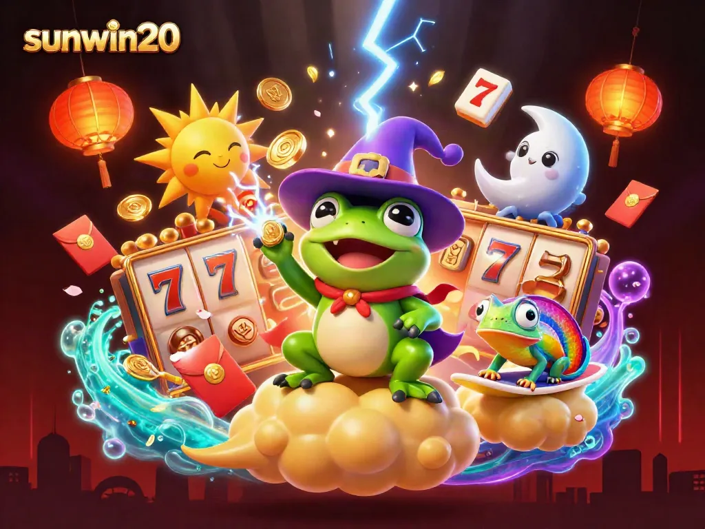 Experience the excitement of sunwin20 with a vibrant illustration featuring golden coins, gaming elements, and dynamic characters.
