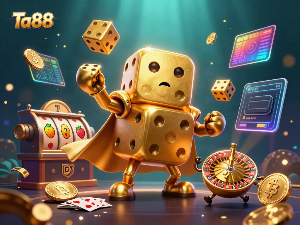 Experience thrilling wins at Ta88 with a vibrant 3D casino scene featuring dynamic lucky symbols.