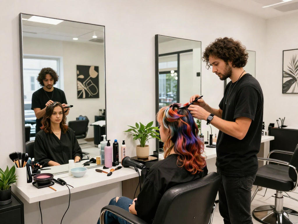 Vibrant hairstyling at https://carbonegroupparrucchieri.it/ with stylist applying dye and modern salon decor.