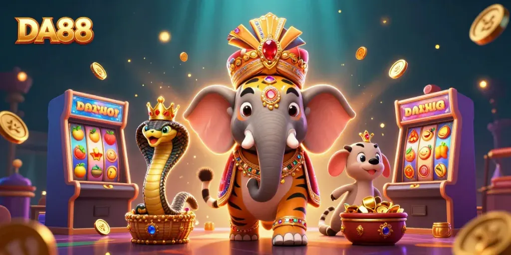 Experience DA88’s vibrant casino world with a majestic tiger on an elephant amidst colorful slot machines.