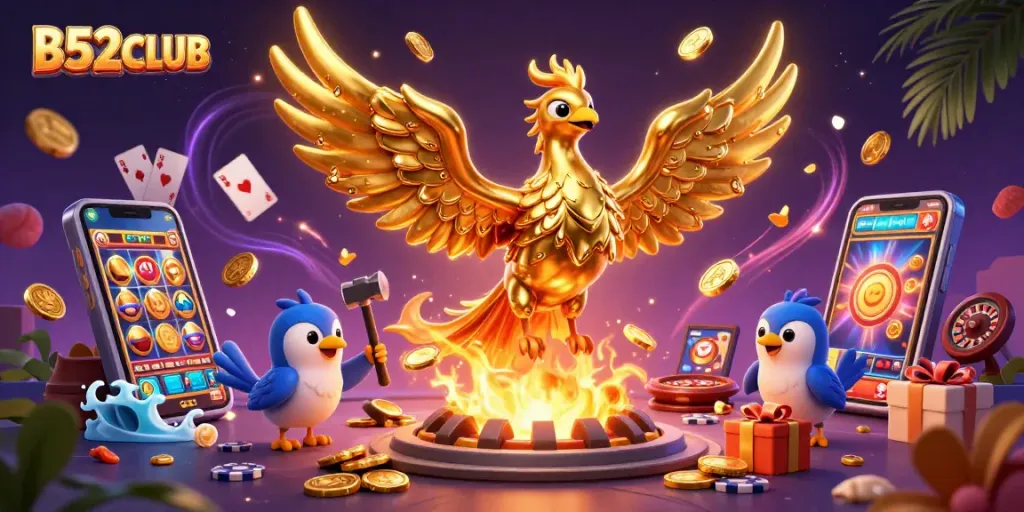 Experience the thrill of B52CLUB with golden coins and vibrant gaming elements in this captivating scene.