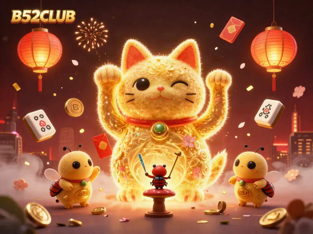 Engage with exciting games at B52CLUB featuring a vibrant lucky cat, fireflies and casino symbols.