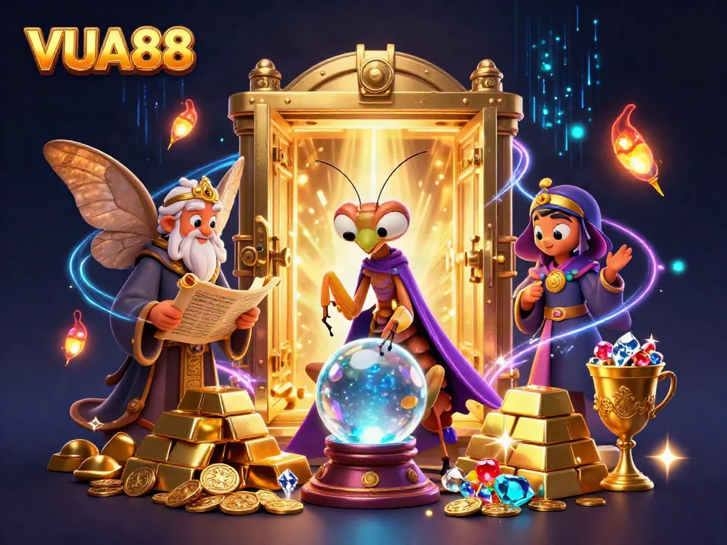 Engage in top-tier gambling with VUA88, illustrated by vibrant characters and treasures in a magical casino background.